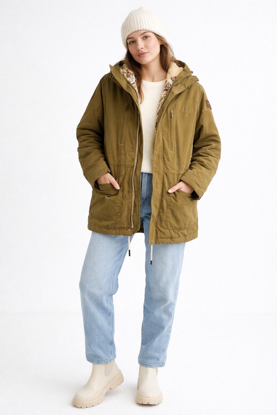 Burton Olive Utility Albury Parka Sherpa Removable Hood Floral Lining Large Ski